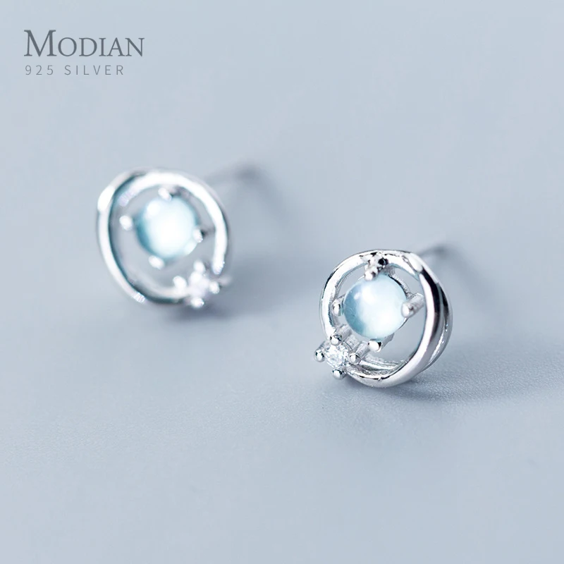 Modian стерлингового серебра 925 ослепительное синее круглое крошечное Опаловое стильные серьги-гвоздики серебро для женщин и утонченное украшение для девушки