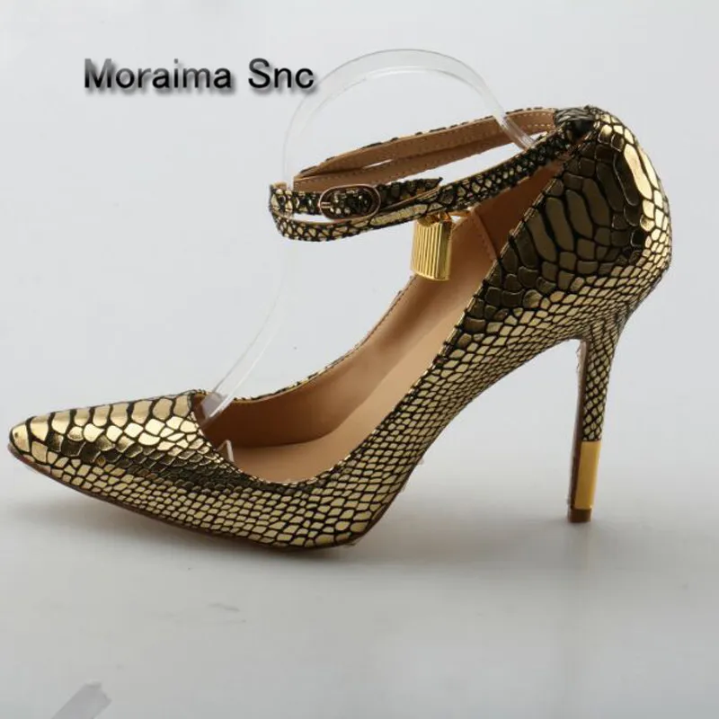 Moraima Snc Golden Snakeskin Pattern Metal Lock Pumps Pointed Toe Ladies Ankle Strap Plated Stiletto Heels Party Dress Shoes Moraima Snc Golden Snakeskin Pattern Metal Lock Pumps Pointed Toe Ladies Ankle Strap Plated Stiletto Heels Party Dress Shoes
