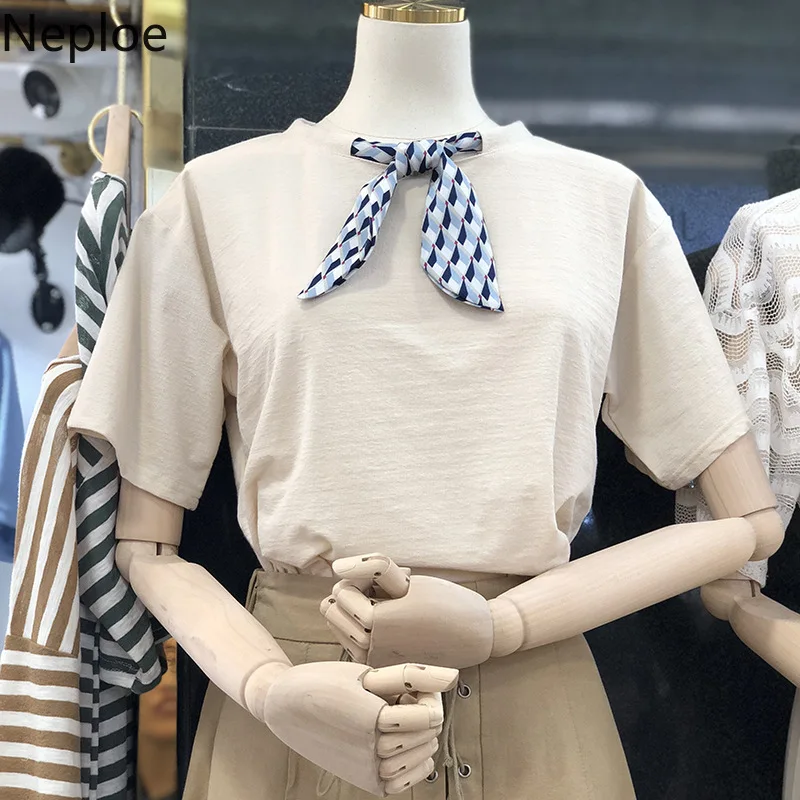 Neploe Solid Women Tops Summer 2019 New Scarf O-Neck Short Sleeve Tees Korean Fashion Cotton Ladies T Shirts 43734 | Женская одежда