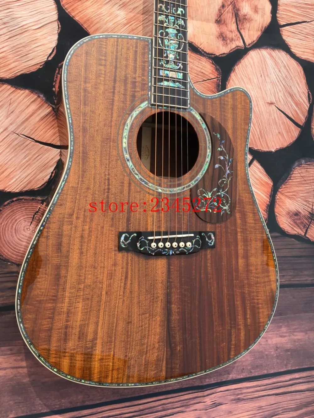 

High quality OEM Cutaway koa acoustic acoustic guitar +41 inch + ebony fingerboard + real luxury abalone shell inlay + free ship