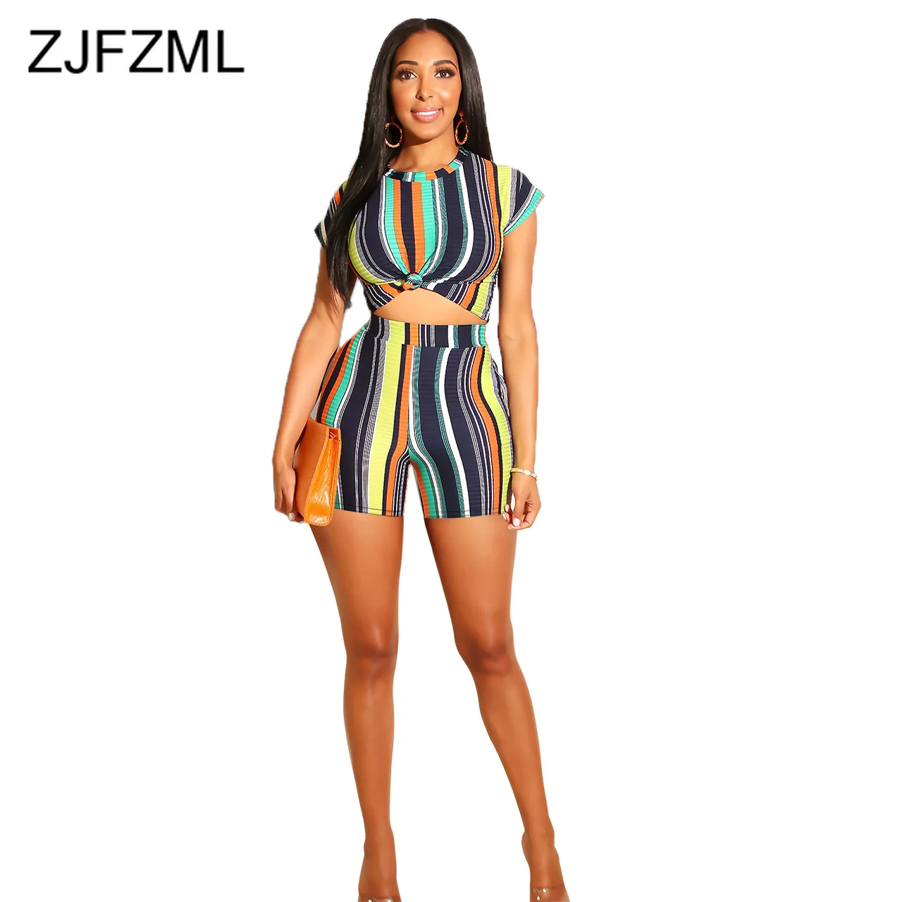 

Sexy Two Piece Tracksuits For Women Striped Short Sleeve Crop Top And Bodycon Shorts Sweatsuits Summer 2 Piece Club Outfits Sets
