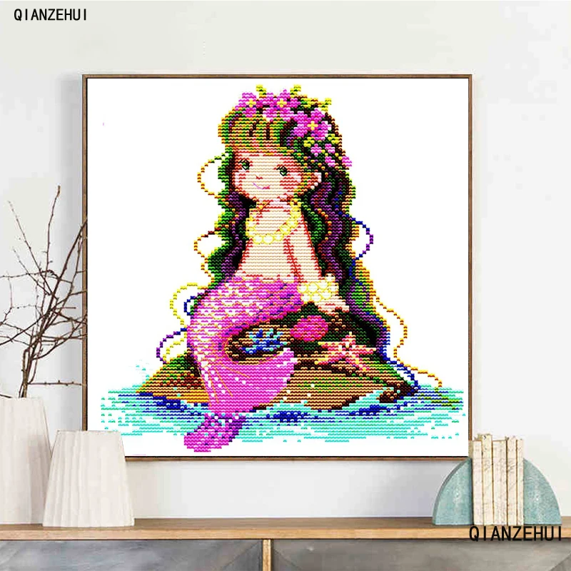 QIANZEHUI Needlework DIY printing The little mermaid Cross Stitch Sets For Embroidery kits Cross-Stitching Wall Home Decro | Дом и сад