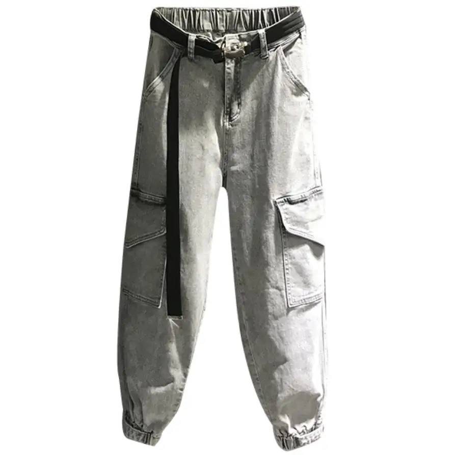 

plus size 26-31!2019 spring fahsion smoke gray loose jeans hip hop big pocket women elastic hihg waist casual denim cargo pants