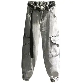 

plus size 26-31!2020 spring fahsion smoke gray loose jeans hip hop big pocket women elastic hihg waist casual denim cargo pants