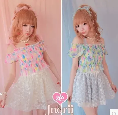 

Princess sweet lolita shirt BoBON21 exclusive original rainbow color snow yarn bow elastic chiffon top T1049 wipe a bosom shirt