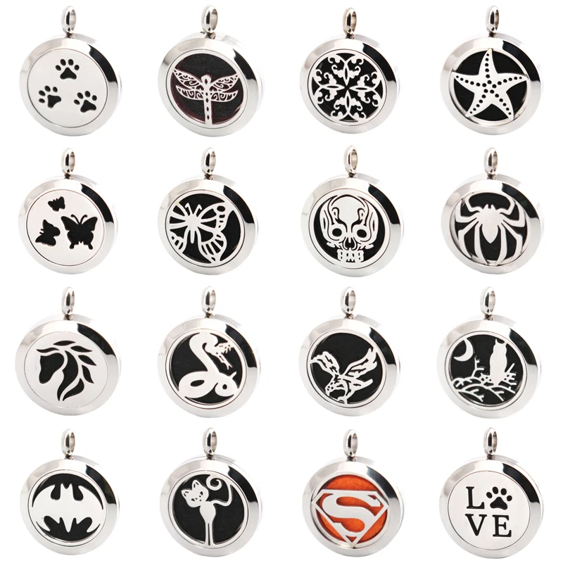 

More Than 20styles 25mm Aromatherapy Essential Oils Stainless Steel Necklace Pendant Perfume Diffuser Locket free 10pcs Pads