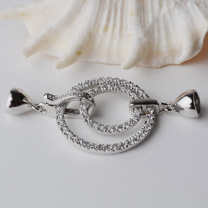 

solid 925 sterling silver clasp, cubic zirconias round circle clasp,rhodium pearl necklace braclete buckle jewelry