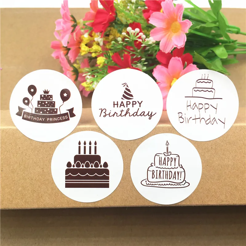 

Multi Style Sticker Labels Brown White Color Printed With Birthday Cake for Jewelry Carrying Case Birthday Gift Stickers 100Pcs