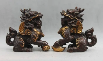 

China Classical Bronze Gild FengShui Brave troops Kilin Dragon Kylin animal Pair