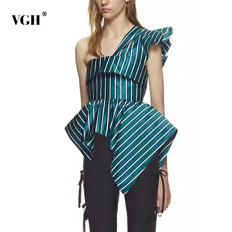 

VGH Summer Off Shoulder Shirt For Womens Skew Collar Backless Ruffles Hem Irregular Striped Slim Blouse Top Female Fashion New