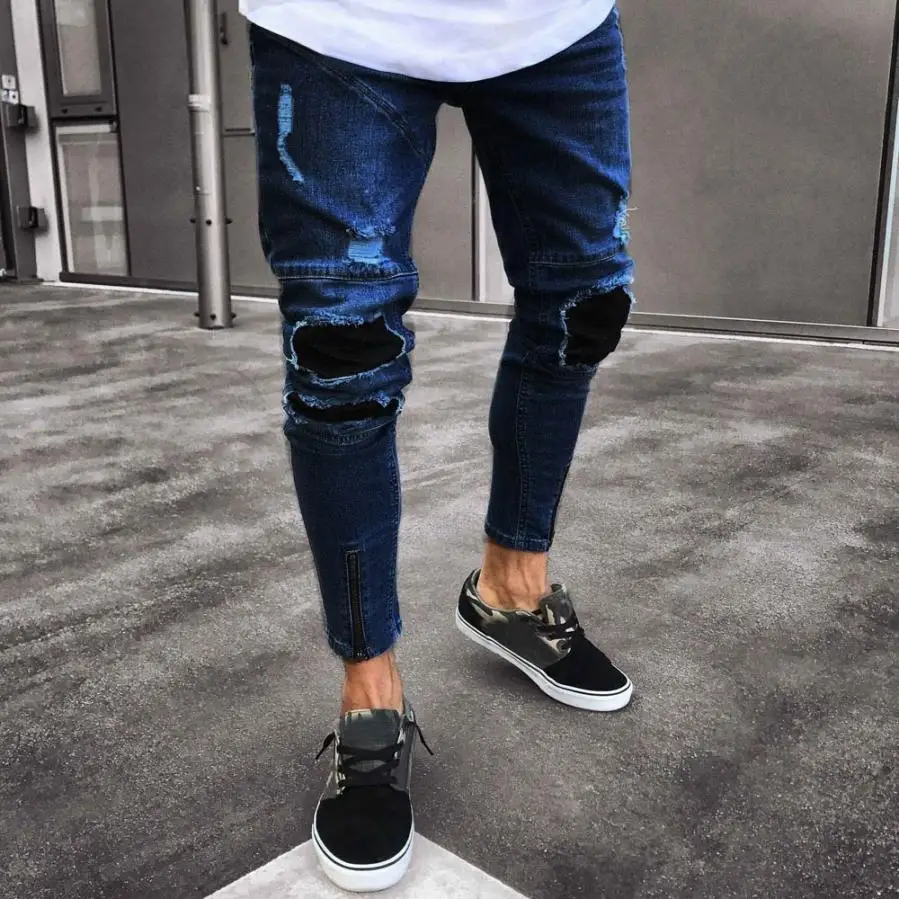 

New 2019 Fashion Men Jeans Slim Biker Zipper Denim Skinny Frayed Casual Pencil Pants Distressed Rip Trousers Male Drop Shipping