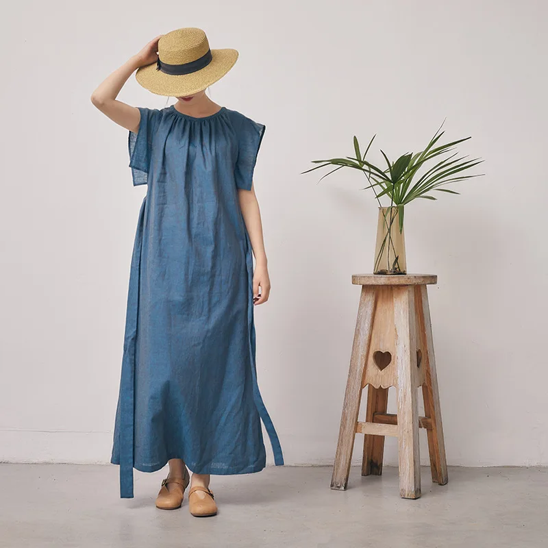 

2019 Summer dress women Flax Blue Heart-shaped V-neck Sleeveless Patch Loose Dress Robe - belt vestidos N241