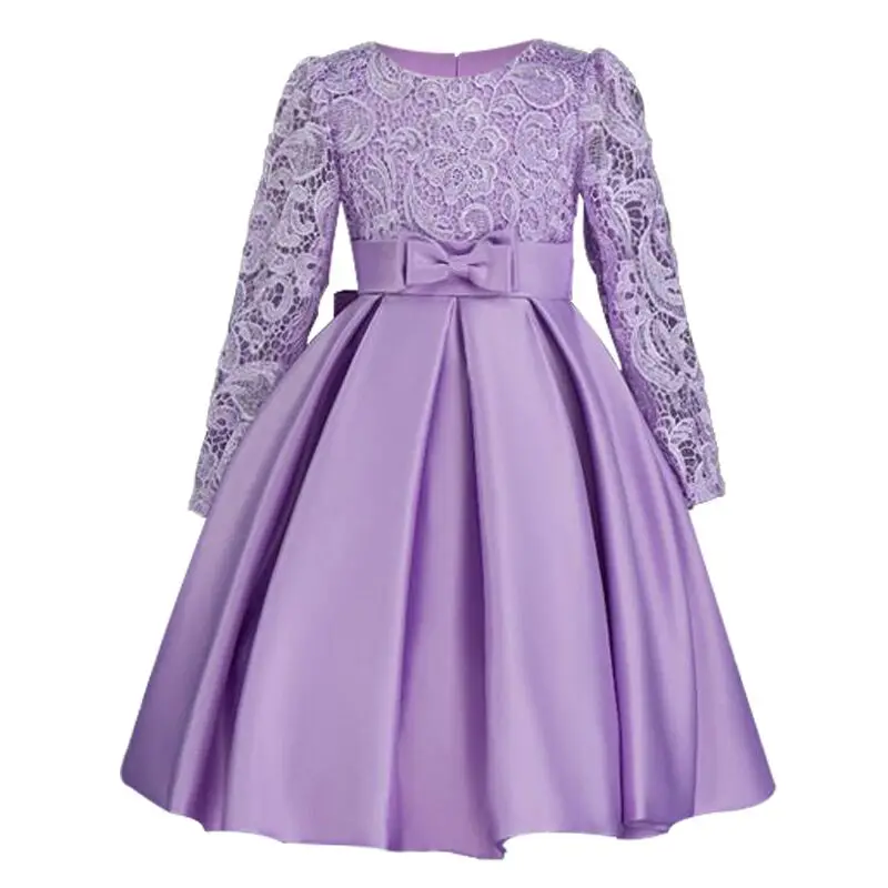 

4-12T Flower Girls Dress Long sleeve bowknot baby Clothes Wedding Party golden Dress Girl Children clothing Princess Dresses