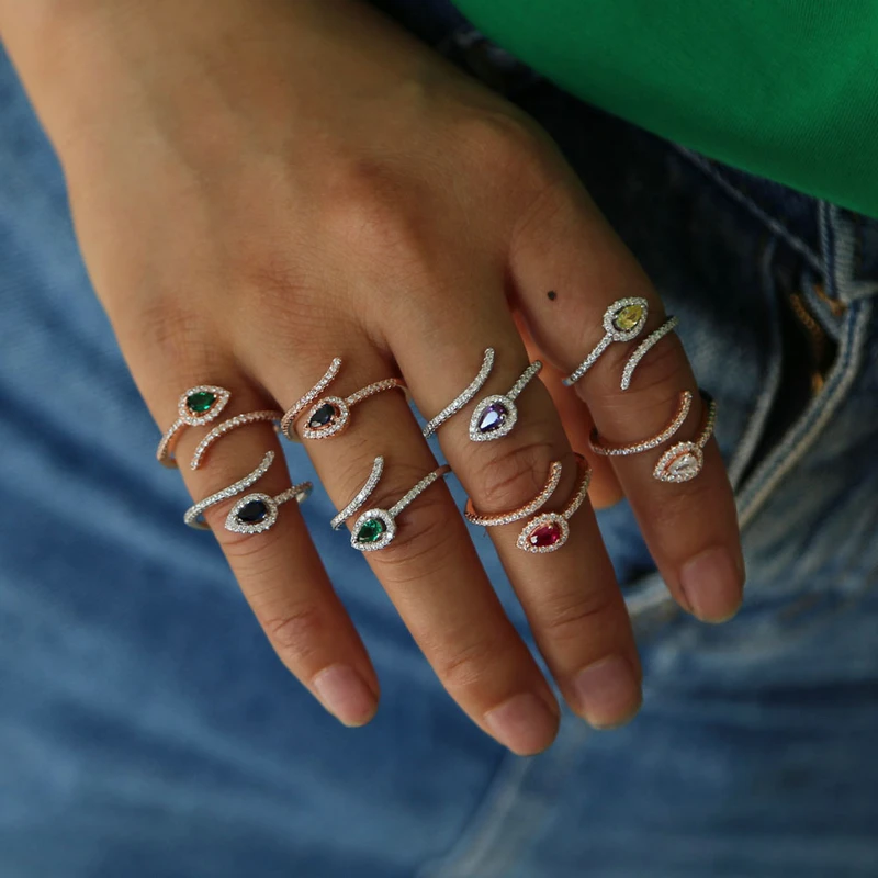 ZHOUYANG кольца для женщин, уникальная змеиная форма, много цветов, капля воды, циркон, 2 цвета, регулируемое Открытое кольцо, модное ювелирное изделие KAR380