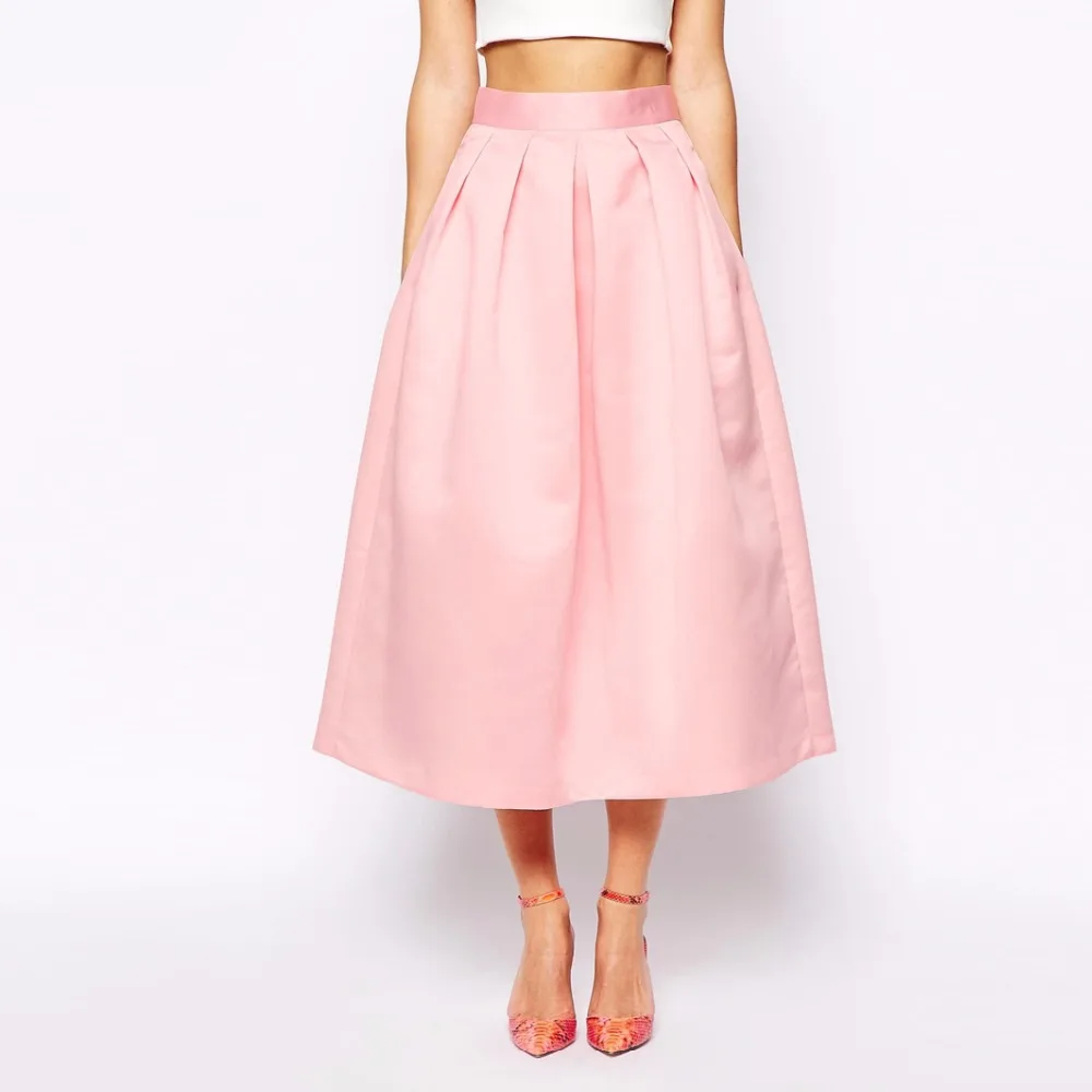 Graceful-Pink-Satin-Skirts-2016-A-Line-Chic-Invisible-Zipper-Waist-Pleated-Tea-Length-High-Quality