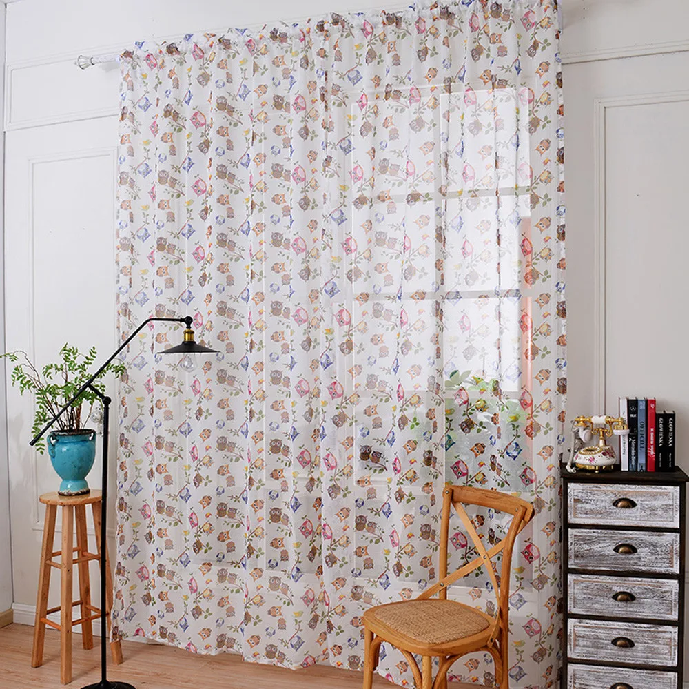 

Balcony Livingroom Bedroom Modern Window Curtains Owl Print Tulle Door Window Curtain Drape Panel Sheer Scarf Valances
