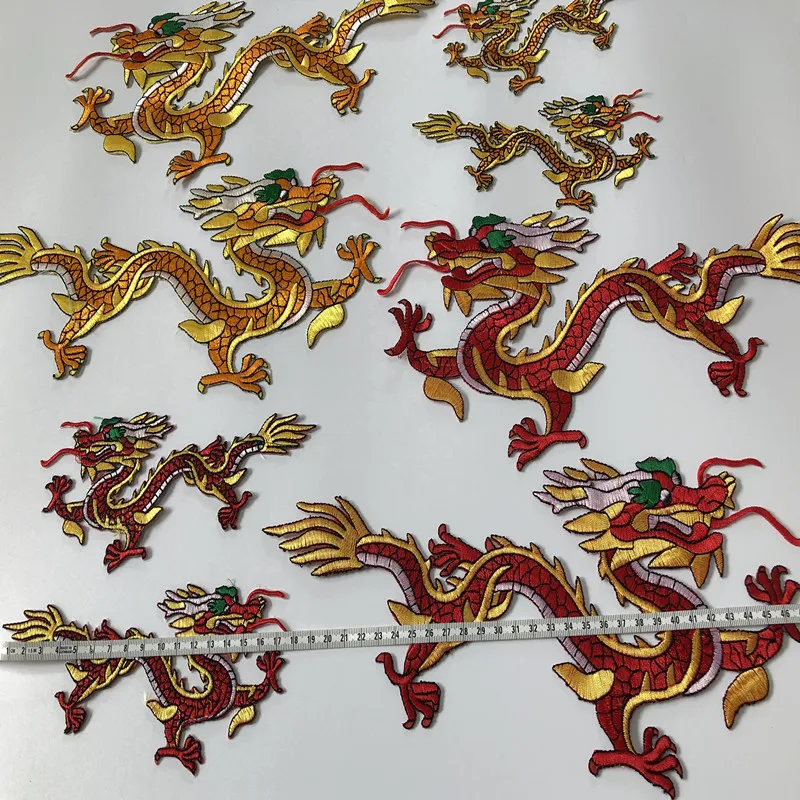 SASKIA 1 пара китайских вышитых драконов нашивки вышивка аппликация Железный на сцене танцевальная одежда Аксессуары Красное золото DIY патч