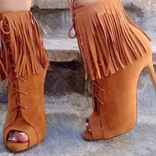 Ботильоны с открытым носком, на шнуровке, с кисточками замшевые ботинки с бахромой оранжевого цвета полусапожки с вырезами на высоком каблуке-шпильке Размеры 35-42