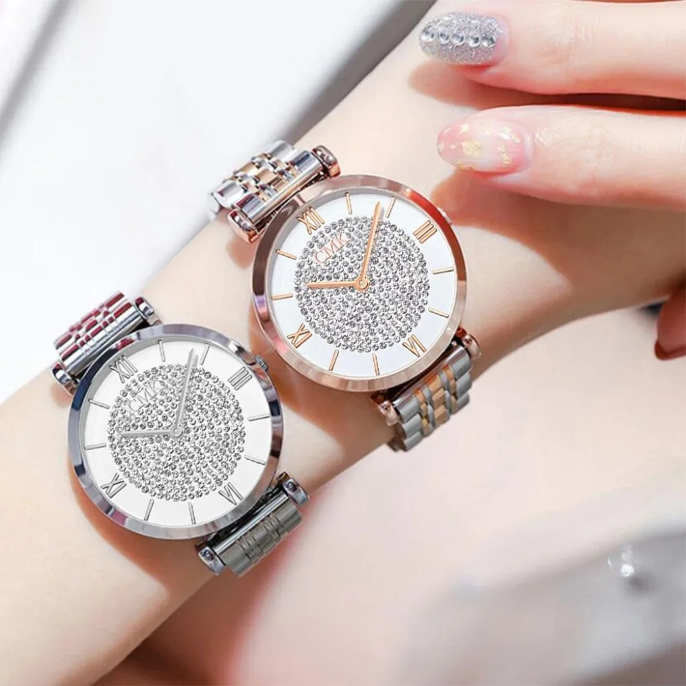 Роскошные женские часы со стразами, модные, серебряные, Круглые, циферблат, нержавеющая сталь, кварцевые наручные часы, Relogios Feminino