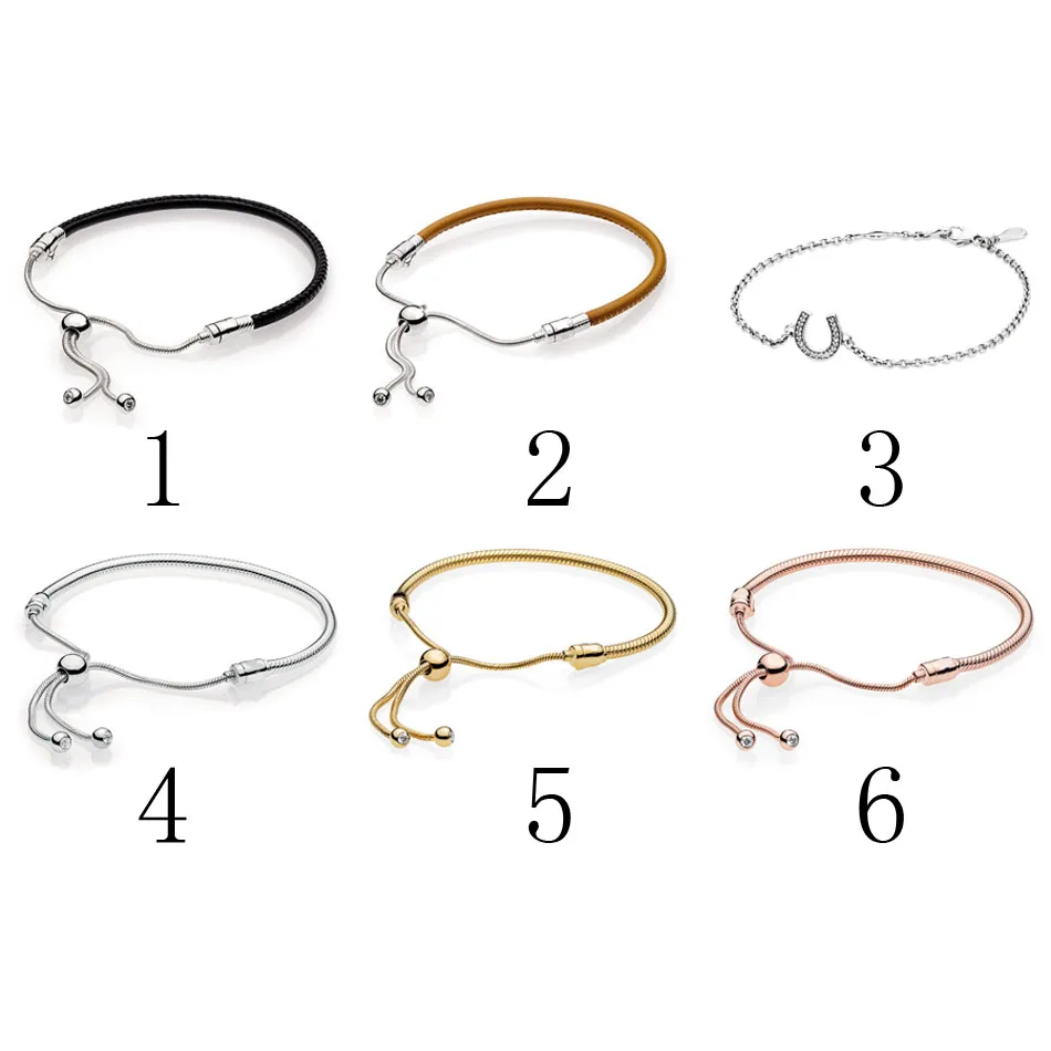 

Authentic 925 Silver Moments Leather Sliding Bracelets for Women Symbol of Luck Bracelet fit Pandora Bead Charm Pendant