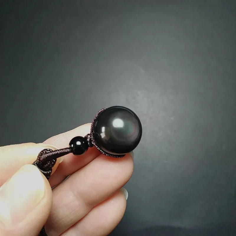 

16MM Natural Obsidian Rainbow Eye Transfer Good Luck Pearl Pendant Necklace Polyester Rope Chain Necklace Jewelry For Woman Gift