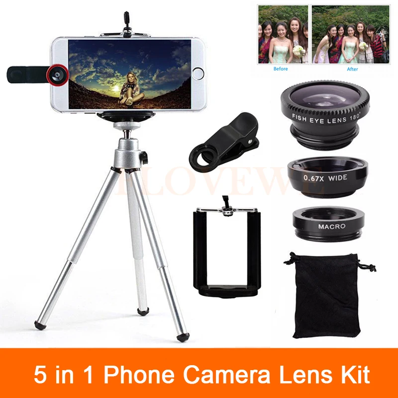 High Quality 5in1 Phone Camera Lenses Kit 3in1 Fish Eye
