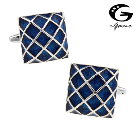 

iGame Factory Supply Enamel Cuff Links Blue Color Check Design Quality Brass Material Free Shipping