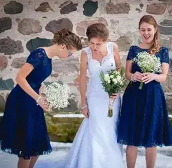 Royal Blue Модест Свадебные Невесты Кружевные Платья С Рукавами-Линии Длиной До Колен Короткое Невесты Халаты Платье На Заказ Boho