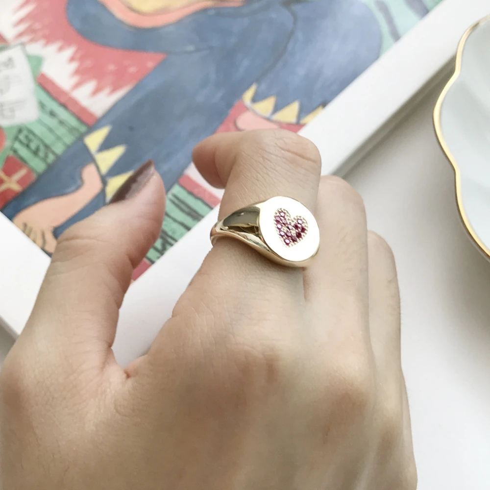 Кольцо для помолвки с розово-красным сердцем, 925 пробы, серебряная основа, золотые Плоские Кольца, Романтические кольца в стиле «Бохо»