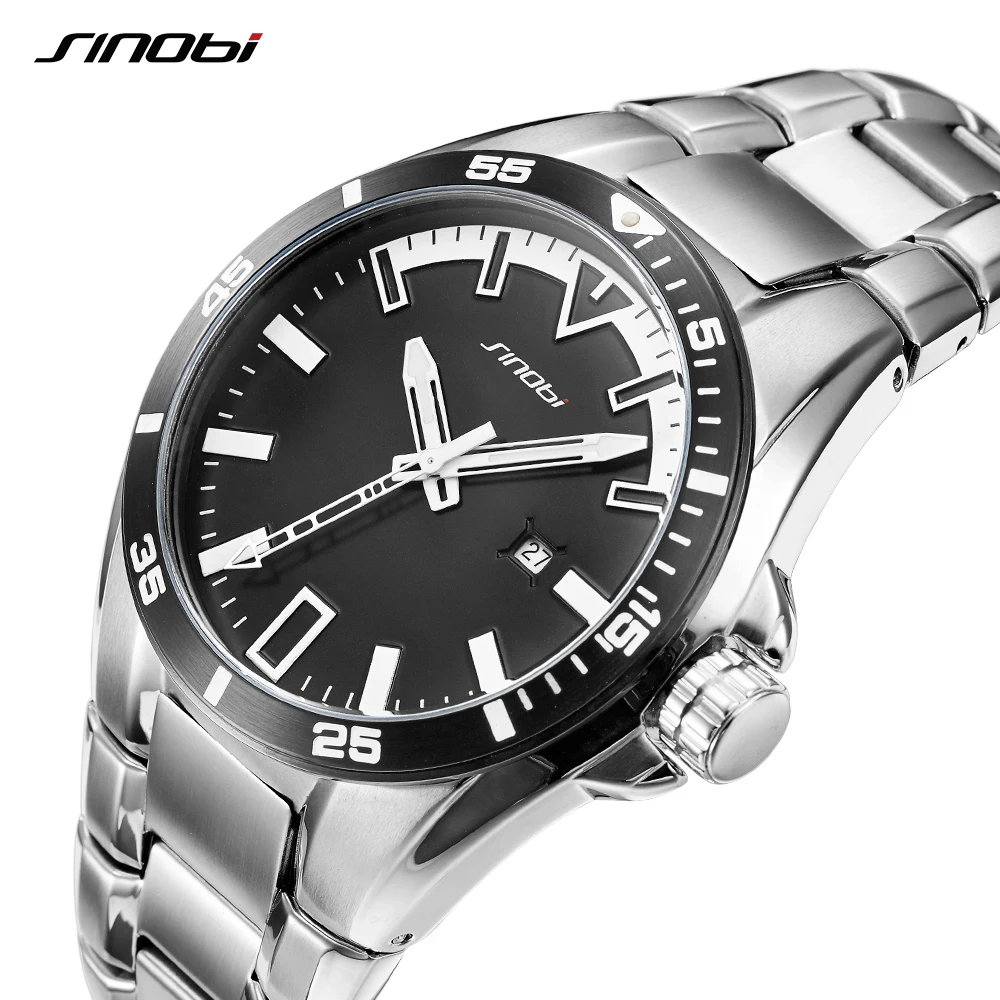 SINOBI Mens Quartz Mens Watch Full Steel Male Fashoin Military Male Wrist Watches Man Luminous Hand