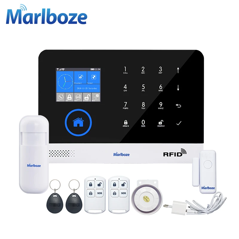 Marlboze EN RU ES PL DE переключаемая беспроводная домашняя безопасность Wi-Fi GSM GPRS Сигнализация приложение пульт дистанционного управления RFID карта Arm Disarm