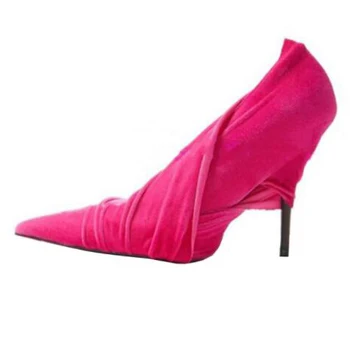 

Rose Red Pumps Pleated Flock High Heels Bundle Design Fashion Spring Shoes Sexy Pointed Toe Suede Thin Heels Women Pumps
