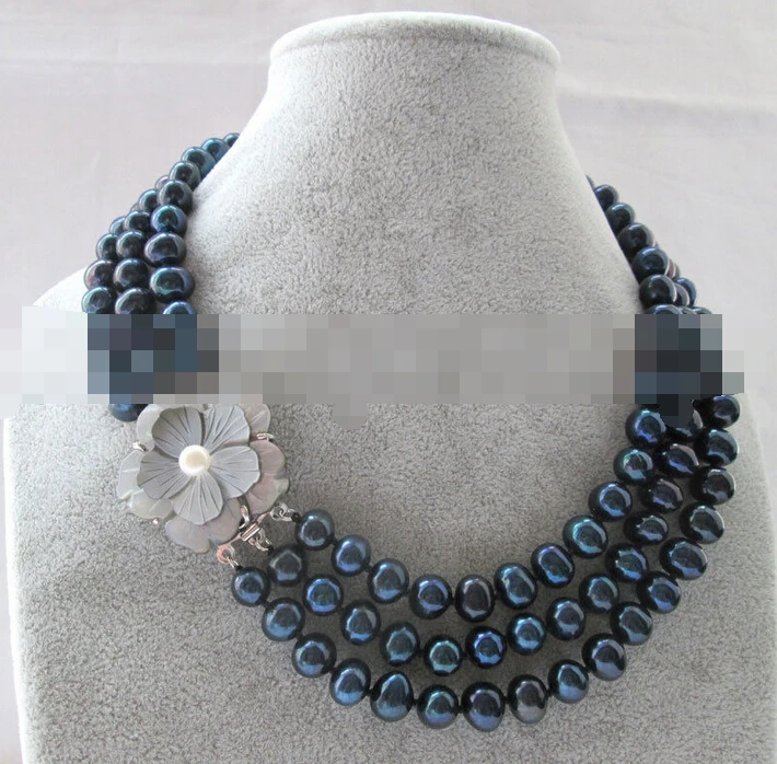 

FREE SHIPPING>@@> 3122 3row black round freshwater pearl necklace - shell clasp