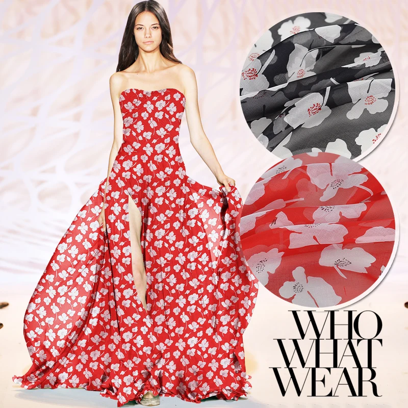 

10Meters/Lot Flower Printed Silk Chiffon Fabric Nature Silk Fabric Material Sew Women Dress Scarf 6MM Red Black Clothing Textile