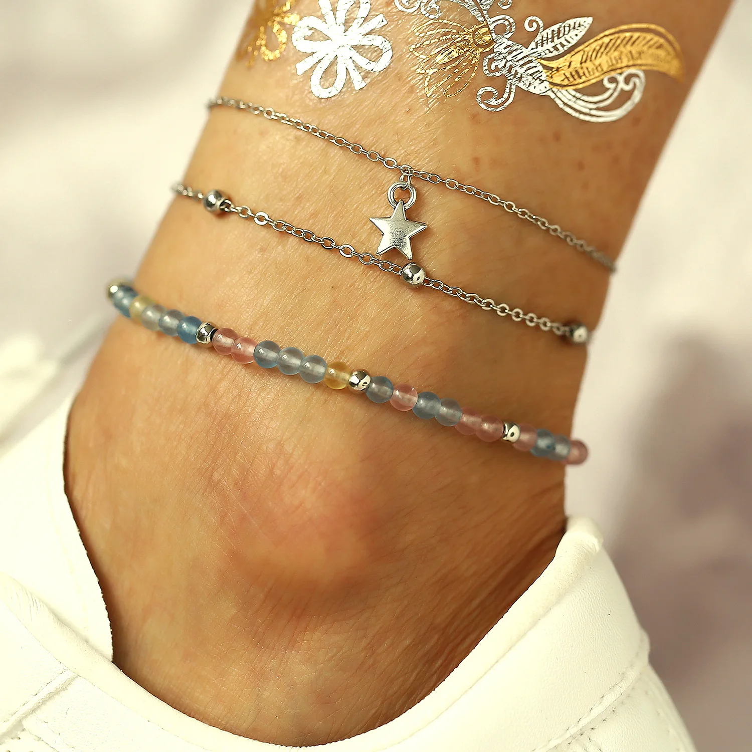 

2019 Retro Silver Chain Bohemian Bead Ankle Bracelet for Women Leg Chain Round Summer Anklet Vintage Foot Jewelry Accessories