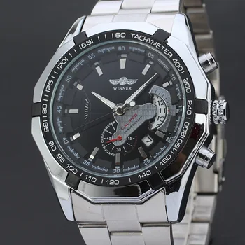 

WINNER Hot Men Watches Simple Auto Date Chronograph Transparent Back Case Wristwatch Classic Stainless Steel Band Watch