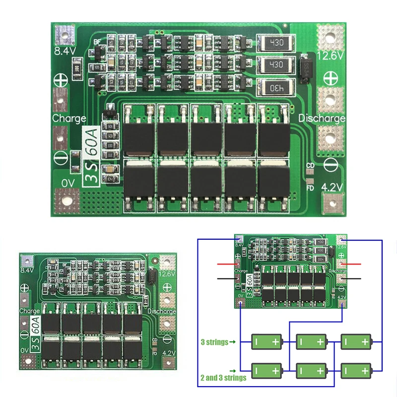 New 3S 12.6V 60A w/Balance 18650 Li-ion Battery BMS Protection Board Suitable For 26650 Lithium Batteries Mayitr
