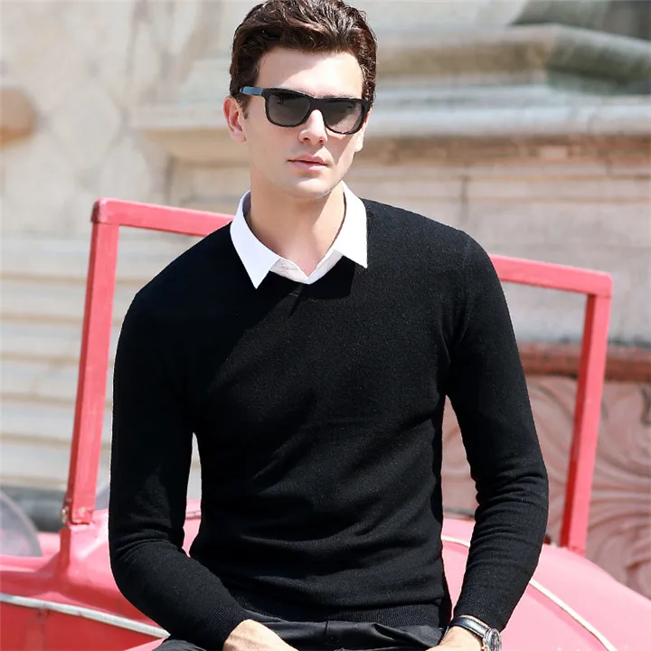 10 цветов, осенне-зимний мужской тонкий свитер с v-образным вырезом, высокое качество, деловой Повседневный приталенный однотонный пуловер, брендовая одежда - Цвет: Черный