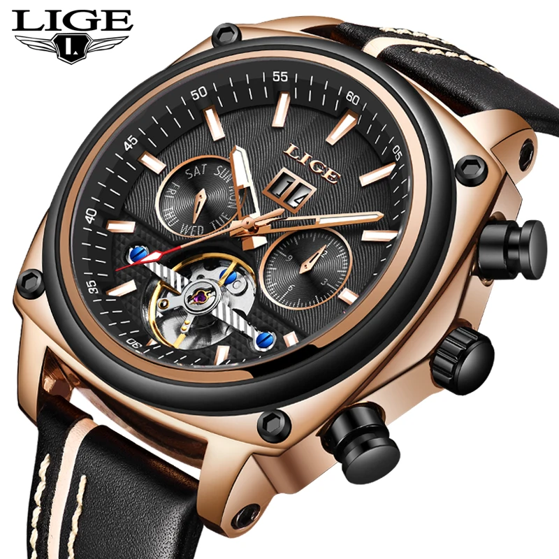 Новый 2018 LIGE роскошный скелет Tourbillon спортивные часы для мужчин автоматические