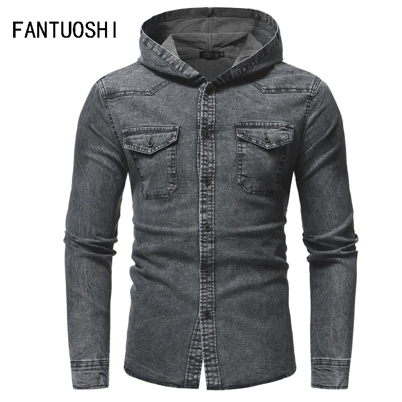 

Fashion Hooded Men's Denim Shirt Long Sleeve Casual Cotton Slim Fit Male Jeans Shirt washed gray blue High Quality Chemise Homme