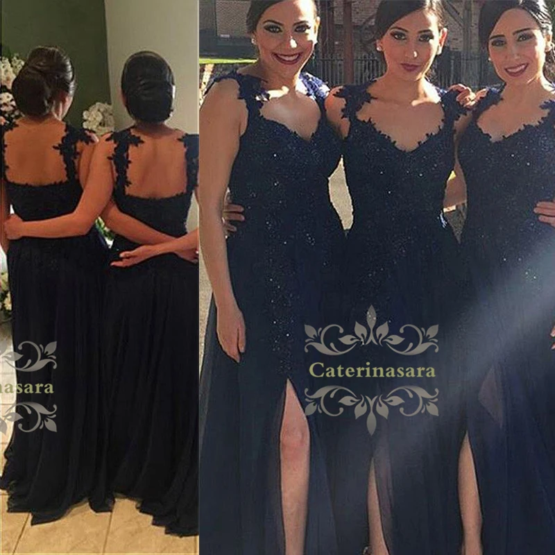 

A-Line Spaghetti Strap Floor Length Chiffon V Neckline Bridesmaid Dress with Lace Appliques Front Split Sexy Backless