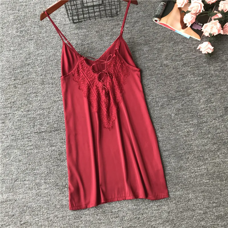 

2019 Summer Women Sleepshirts Nightgowns Lace Sleepwear Nigthsuits V-Neck Backless Sexy Lingerie Satin Silk Nightdress Nightwear