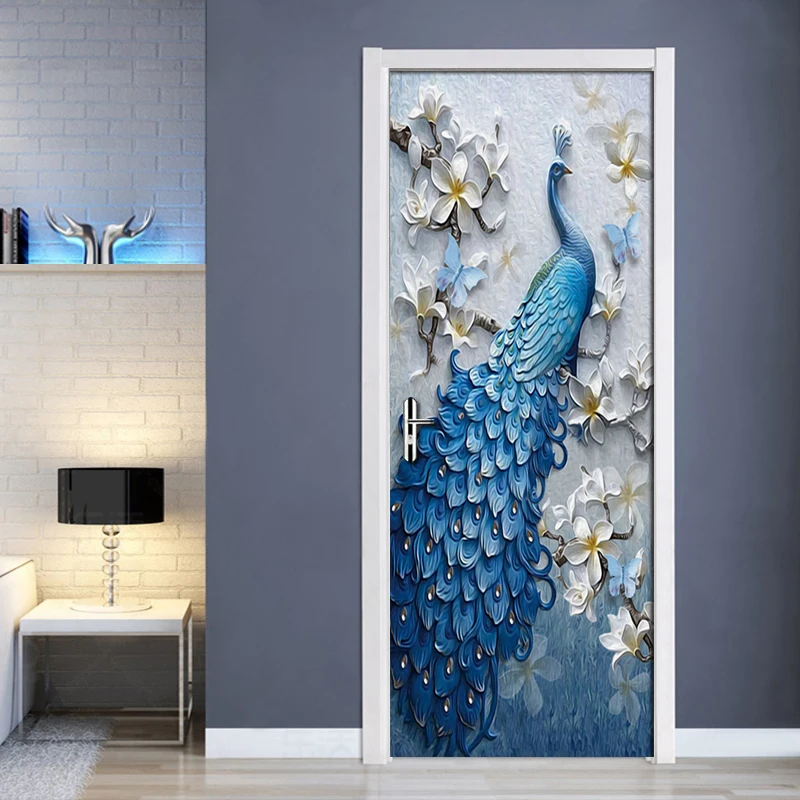 Bedroom Door Wallpaper Embossed Peacock Door PVC Self-adhesive Waterproof Door Stickers Home Decoration Waterproof 3D Mural