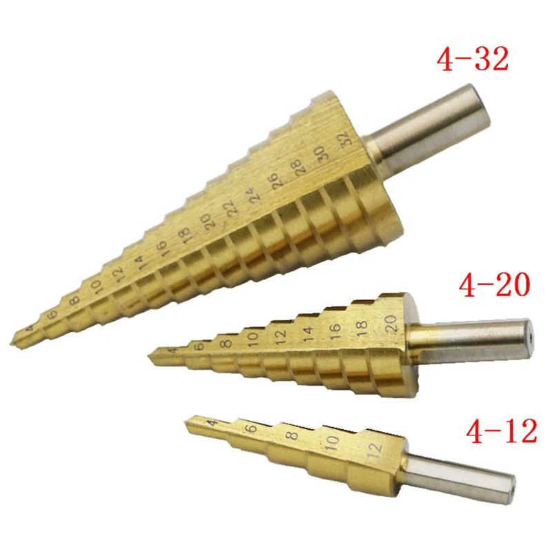 4-12/4-20/4-32 мм Большой ступенчатый Металл сверло из быстрорежущей стали конус с титановым покрытием набор инструментов для резки отверстий Метрическая флейта Пагода форма