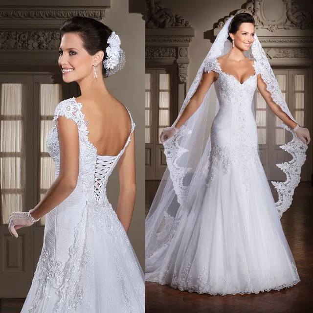 Aliexpress com Buy White Cap Sleeve  Lace Wedding  Dress  