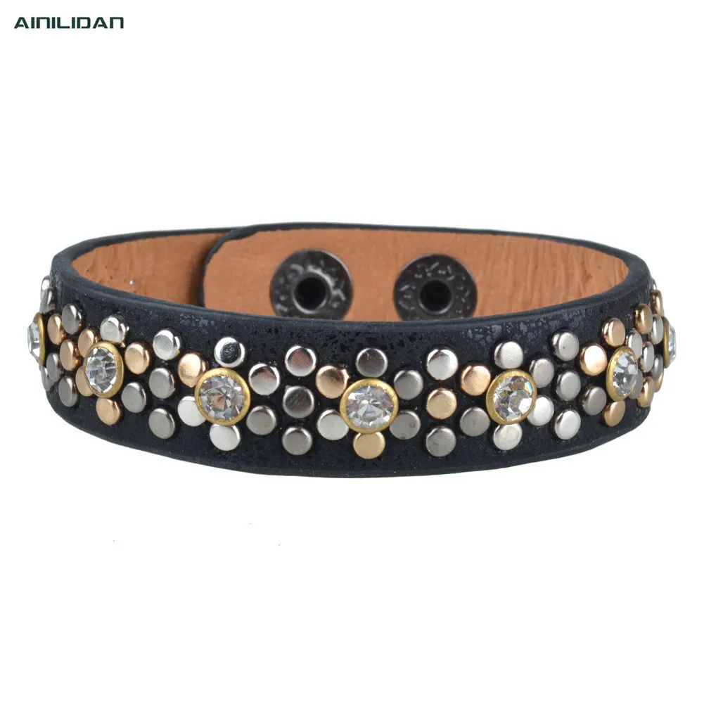 

AINILIDAN New Pattern Rhinestone Leather Bracelets Fashion Studded Punk Style Unisex Bracelet Bangles For Men Women