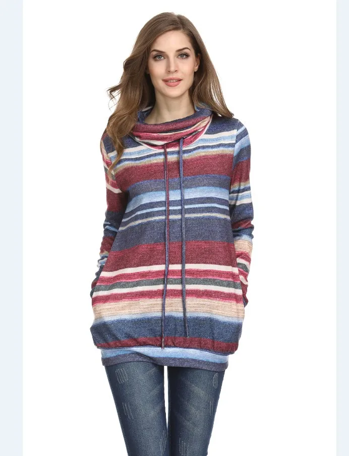 Real Shot 2019 Europe and America Autumn and Winter Pile Pile Collar Striped Casual Long-sleeved Shirt