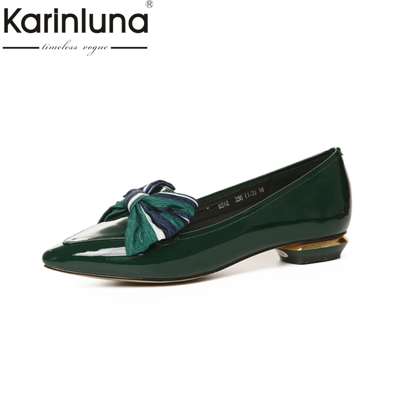 

KARINLUNA genuine leather fashion Size 34-40 pointed Toe Platform Women Shoes Woman Sexy Bowtie low Heels slip on Party Pumps