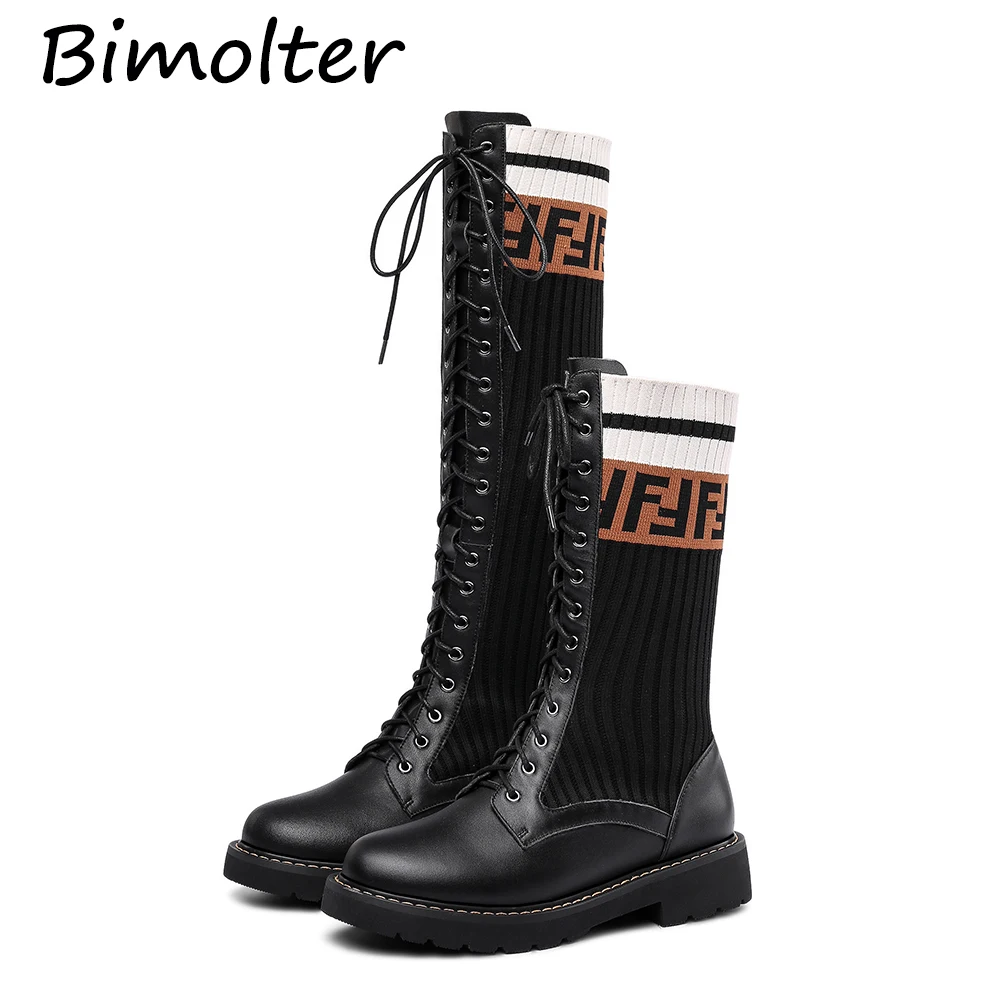 

Bimolter Autumn/Winter Women Mid Calf Boots and Knee High Boots Fashion Cow Leather+Knitting Material Comfortable Shoes LAEB061