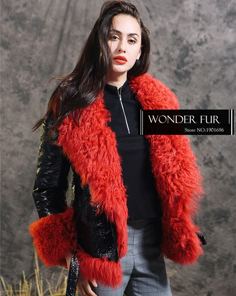 Новая коллекция, мех ягненка и кожаная куртка, зимняя женская меховая короткая шуба, креативный стиль, шуба из овчины, двусторонняя шуба